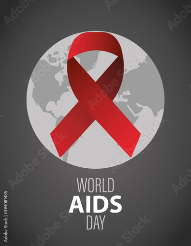 world AIDS day lettering with red ribbon and earth planet