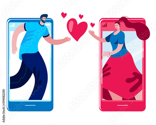 A young man and a girl declare their love to each other via a smartphone. Dating and love in social networks. The concept of a vector illustration in a flat style.