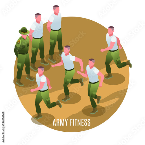 Physical training of special forces under the supervision of a sergeant. Illustration isometric icons on isolated background