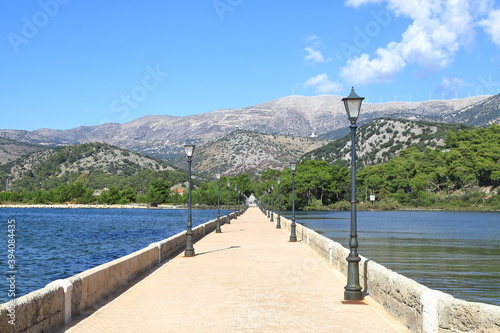 The view along De Bosset Bridge (formerly Drapano Bridge) on the Greek island of Kefalonia. The bridge spans Koutavos Lagoon in Argostoli.