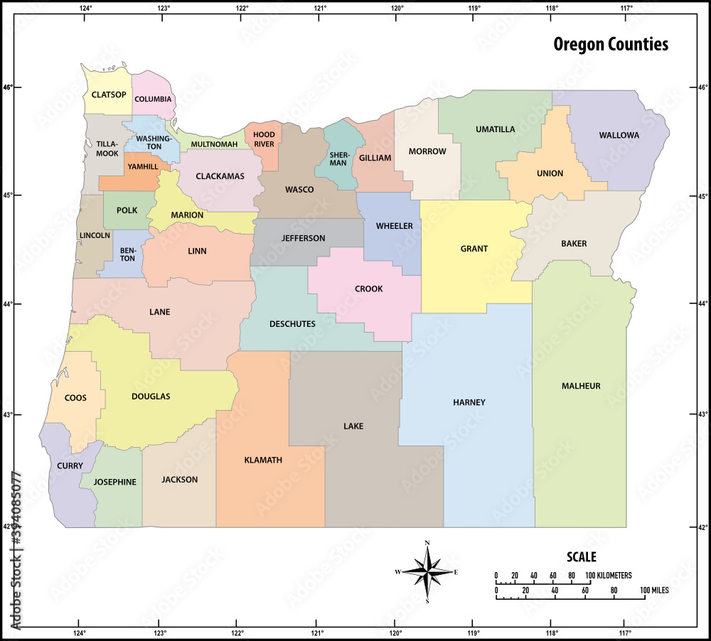 Oregon state outline administrative and political map in color Stock