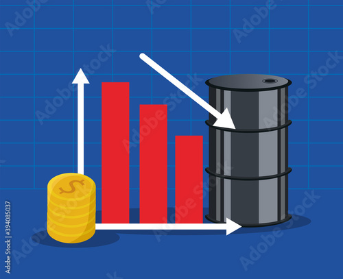 oil price graphic with barrel and statistics bars