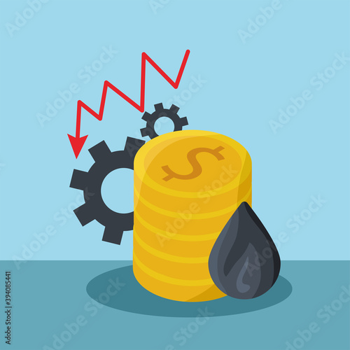 oil price graphic with dollars coins and gears
