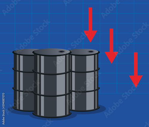 oil price graphic with barrels and arrows down