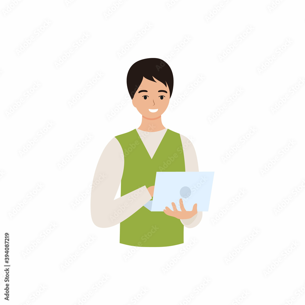 A man is holding a laptop. Programmer with a laptop in his hands. Vector flat male character. A man is holding a laptop. Programmer with a laptop in his hands. Vector flat male character.