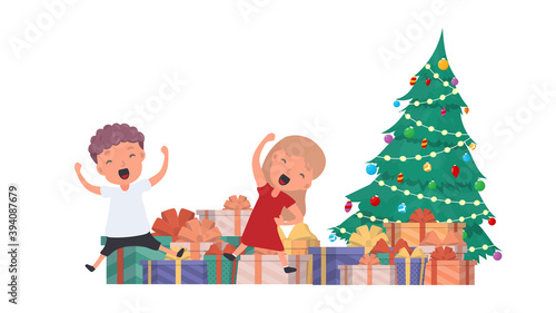 Happy children with gifts. Happy children  gift boxes  Christmas tree. Isolated. Vector.