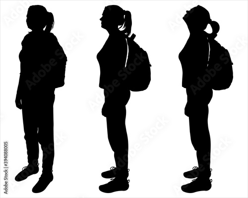 Tourist with a backpack on her back. Girl stands straight without moving. Group of women. Bird watchers. Side view, profile. Three black female silhouettes are isolated on a white background.