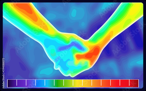 Vector graphic of Thermographic image of holding hands on blue blurred background. Holding hands showing different temperatures in range of colors from blue showing cold to red showing hot.