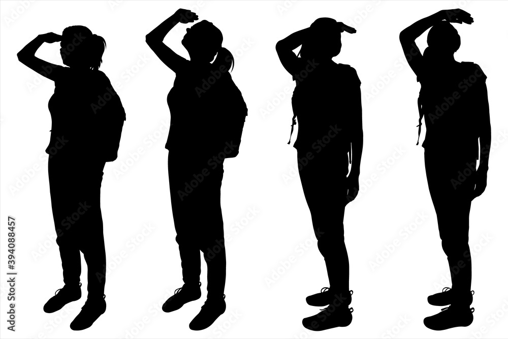 Girls are standing and look around. Tourists with backpacks behind their backs. Hiking. Women look up. Ornitologist. Four black female silhouettes are isolated on a white background.