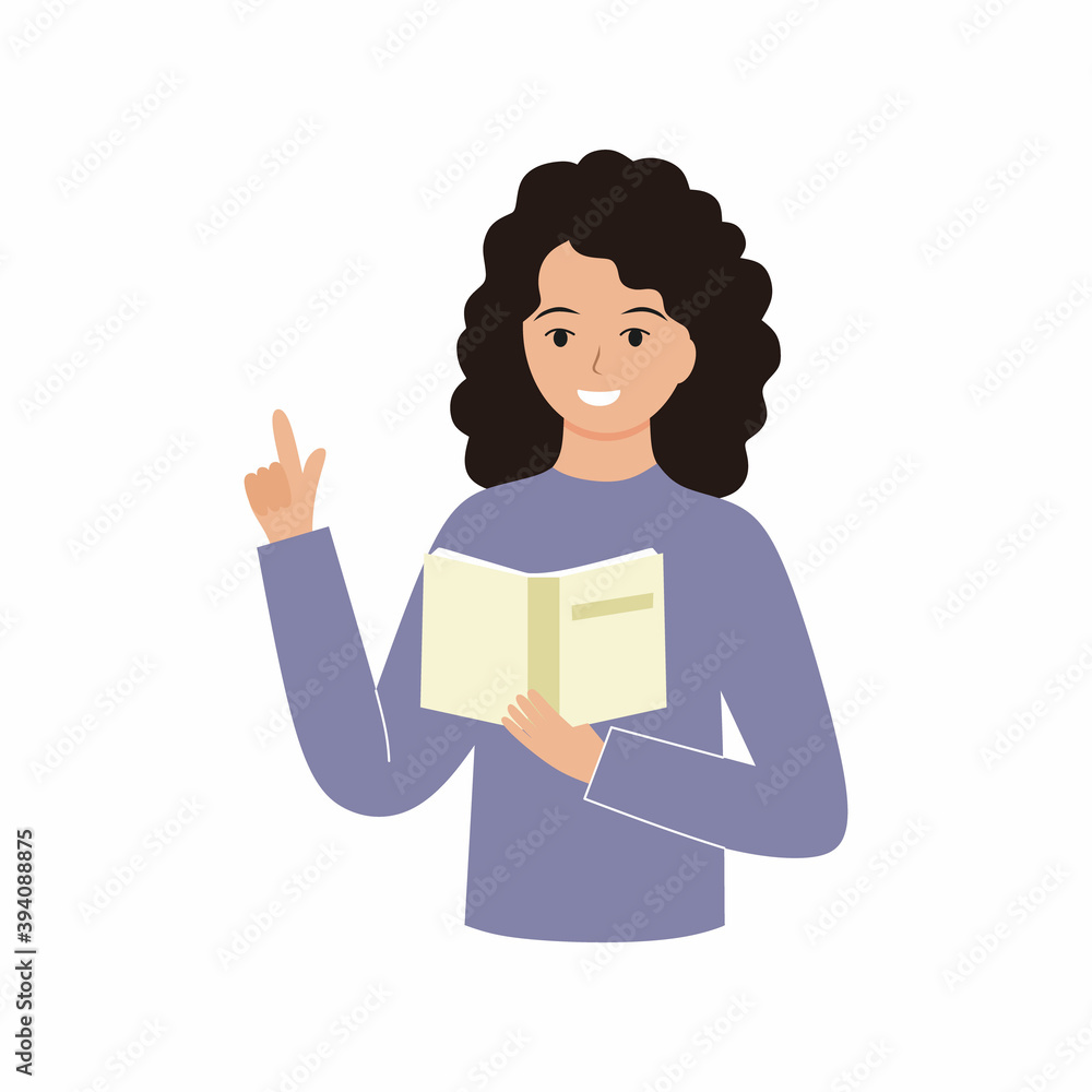 Girl teacher reads a book and holds her finger up. Vector flat character. Girl teacher reads a book and holds her finger up. Vector flat character.