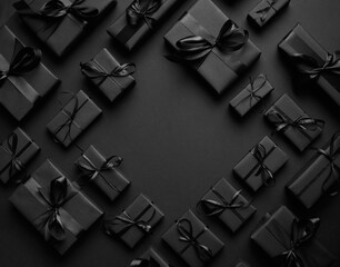 Arranged Gifts boxes wrapped in black paper with black ribbon on black background. Christmas concept