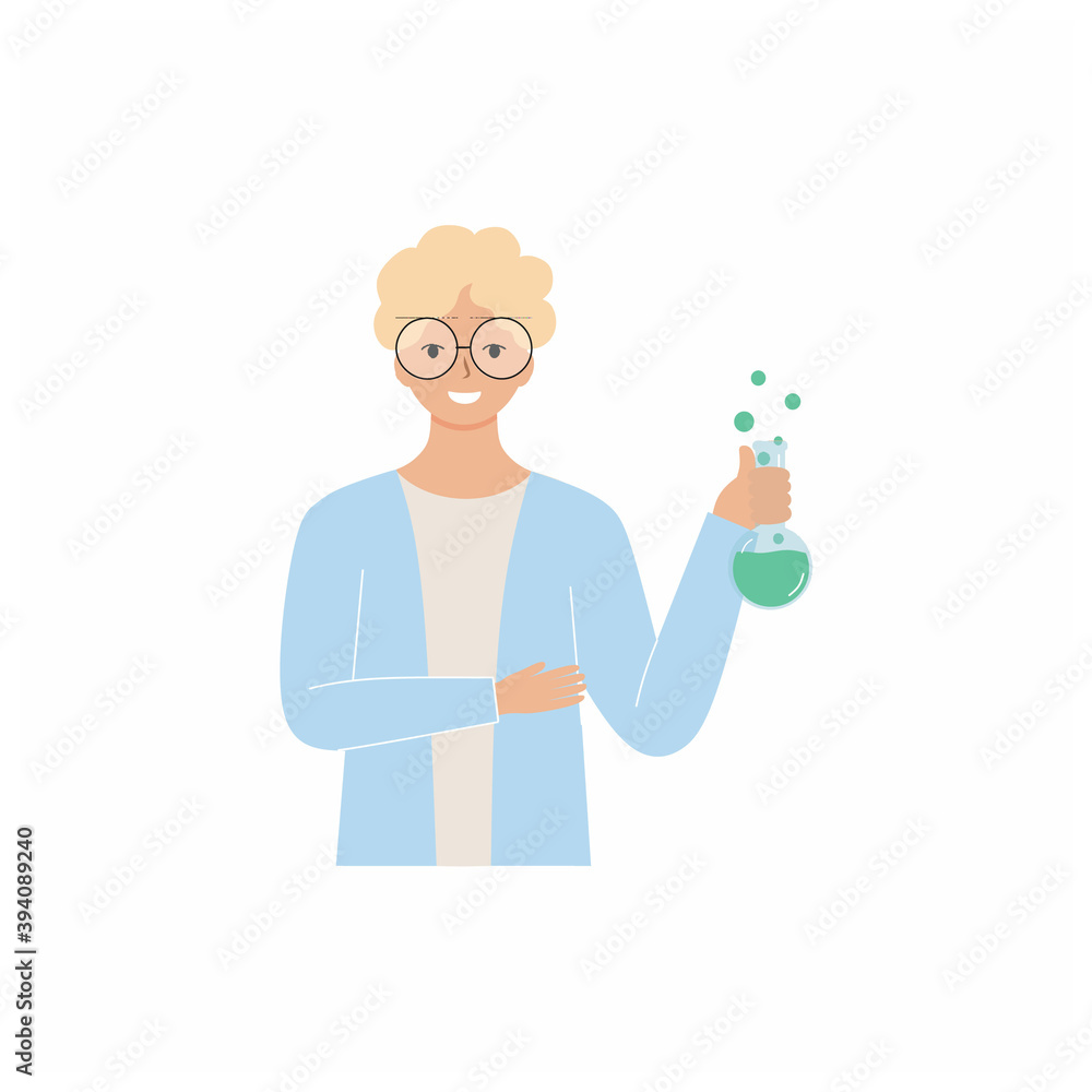 A male chemist holds a test tube with ingredients. The lab assistant sets up an experiment. Flat vector character. Teacher of chemistry and biology.