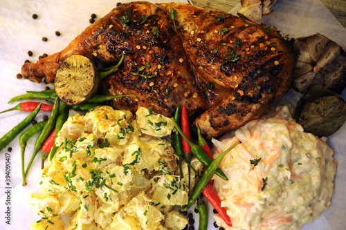 BBQ Spatchcock Chicken with chillies, Cream potato Salad
and Homemade Coleslaw photo