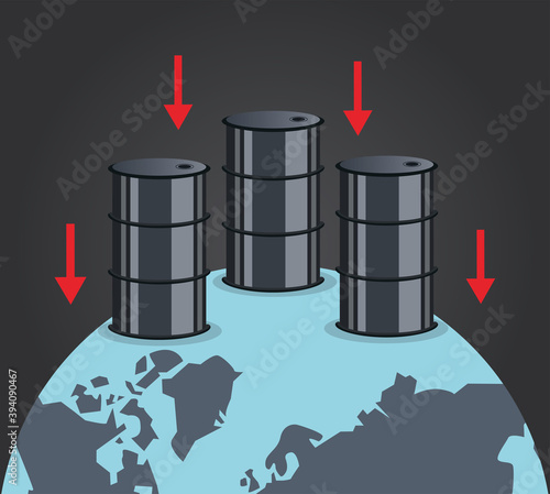 oil price graphic with barrels arrows down in earth planet