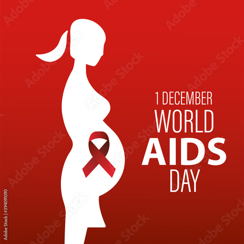 world AIDS day lettering with red ribbon in pregnancy woman silhouette
