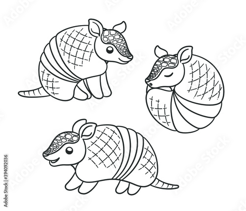 Armadillo cartoon outline in different poses vector illustration set. Sitting, standing and rolled up into a ball. Cute animal coloring book page for kids.