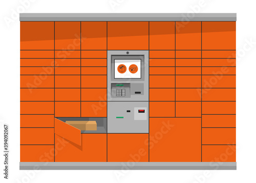 Automated parcel locker illustration with self-service terminal display and mailbox cells - moder delivery