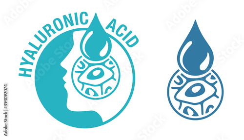 Hyaluronic acid icon - skin moisturizing action in skincare and cosmetics - human silhouette, drop and zoomed cell