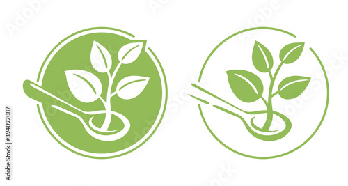 Plant proteins marking stamp - healthy nutrition icon for vegetarian food products packaging - green circle with plant sprout and spoon - isolated vector emblem