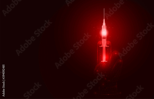 Medical injection syringe with liquid drug. Vaccination equipment with needle in hand. Wireframe low polygon design. Holding medical syringe. Preparing immunization vaccine. Low poly vector concept.
