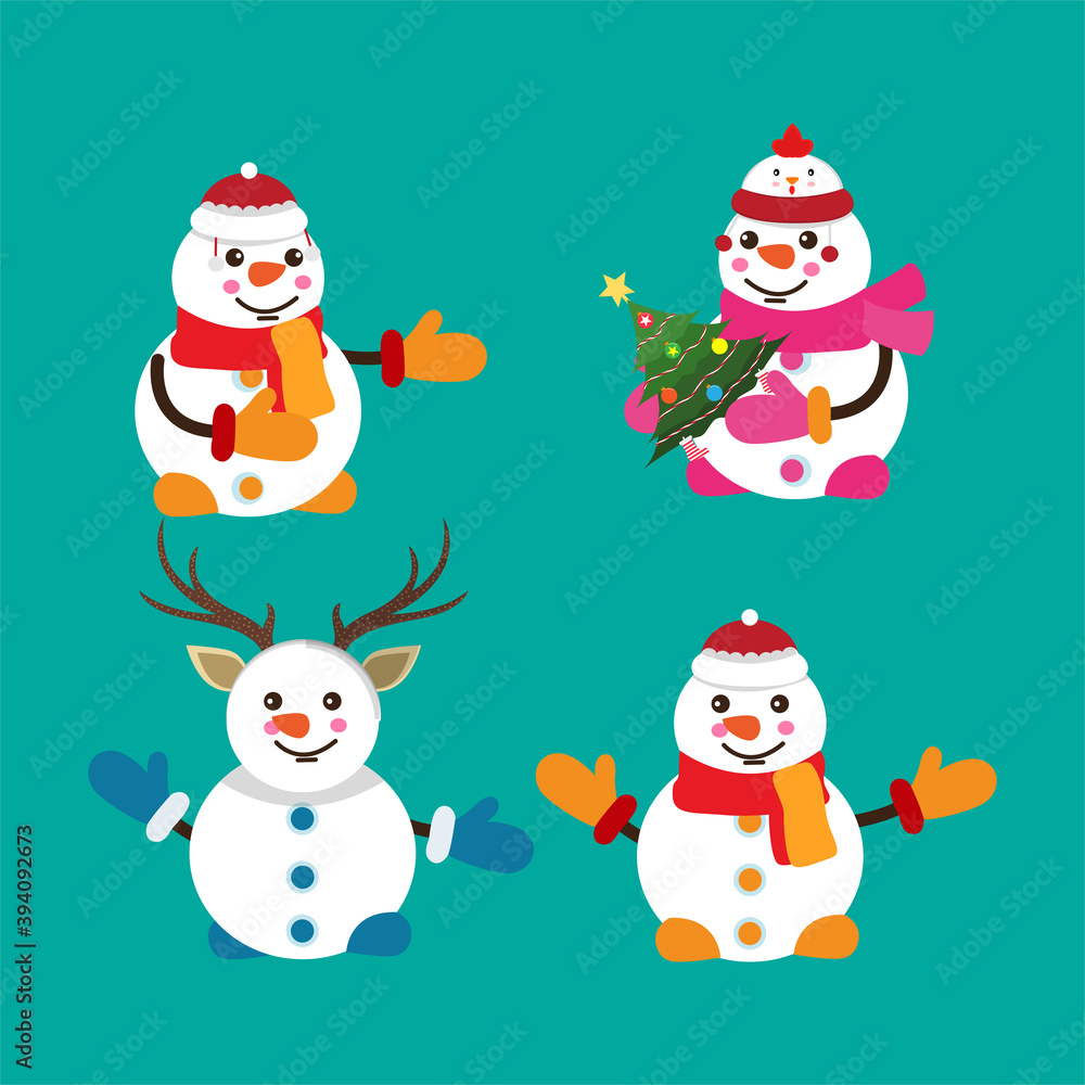 Happy New Year and Merry Christmas. Set of four Snowman With a Christmas Hat Icon Vector Flat Background.