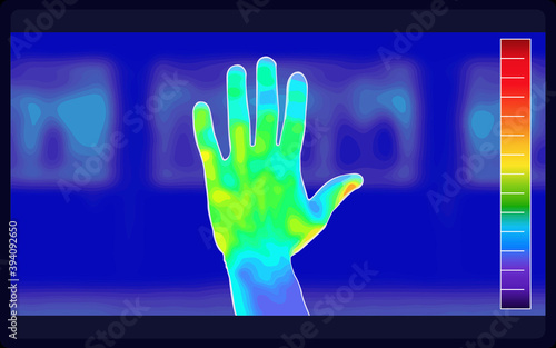 Illustration vector graphic of thermal Image Scanning back of man hand on blurred background. Electromagnetic spectrum. infrared color. infrared color scale. vector illustration EPS 10.