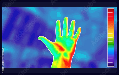 Illustration vector graphic of thermal Image Scanning Human hands and finger on blurred background. Electromagnetic spectrum. infrared color. infrared color scale. vector EPS 10.