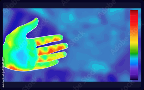 Vector graphic of Thermographic image of hands want to shake hands with someone on blurred background. Hands want to shake hands with someone showing different temperatures in range of colors.