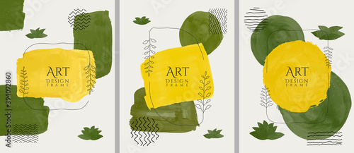 Vector illustration. Abstract contemporary aesthetic backgrounds set. Design for cover, poster, postcard, card, flyer, brochure, frame. Green leaves. Eco concept. Watercolor painting. Hand painted art