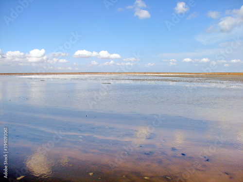 Panorama of the salty surface of the half-dried Genichesky Lake against the background of a slightly cloudy blue sky on the horizon.