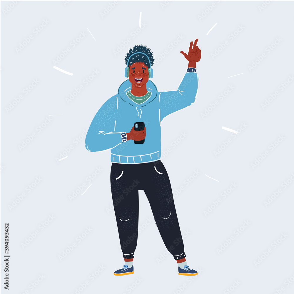 Vector illustration of happy african american teen boy with headphones listening to music at white backround. Vector illustration of happy african american teen boy with headphones listening to music at white backround.