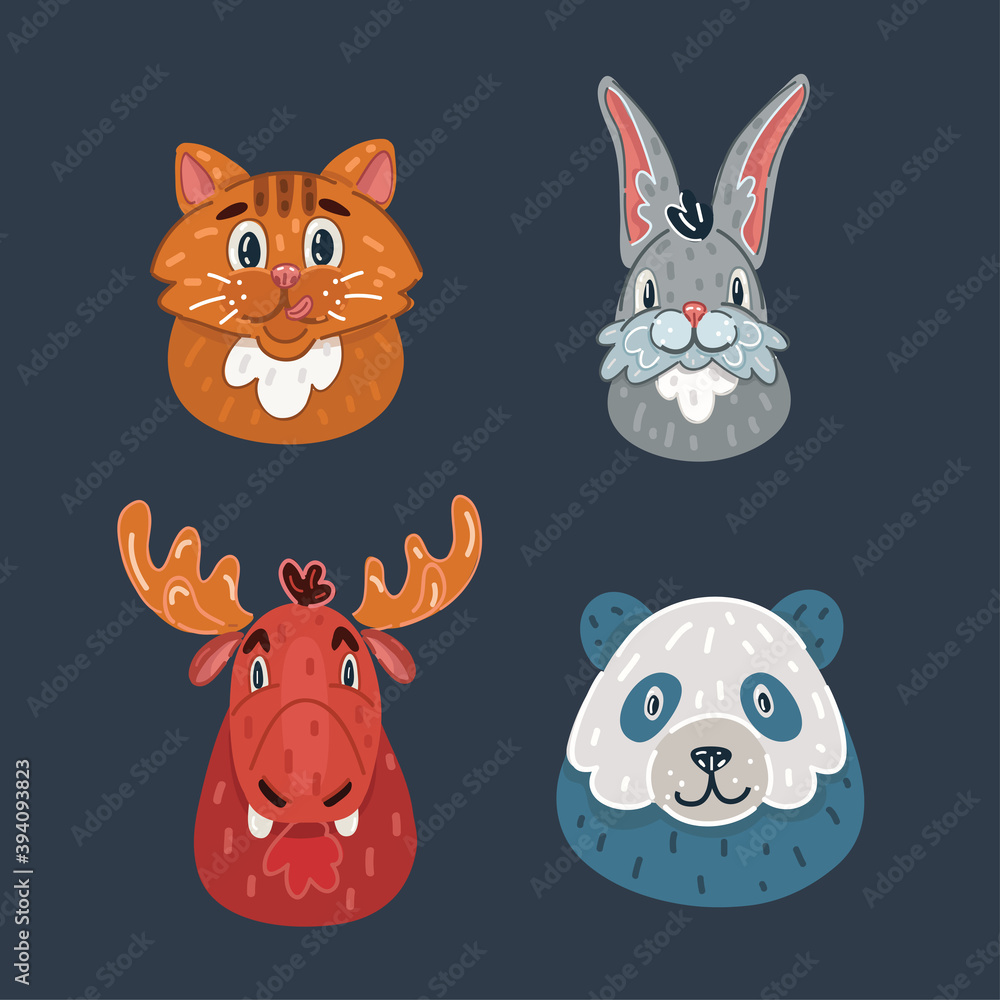 Fototapeta premium Cartoon vector illustration of animal faces. Cat, moose, panda, hare, rabbit on dark .