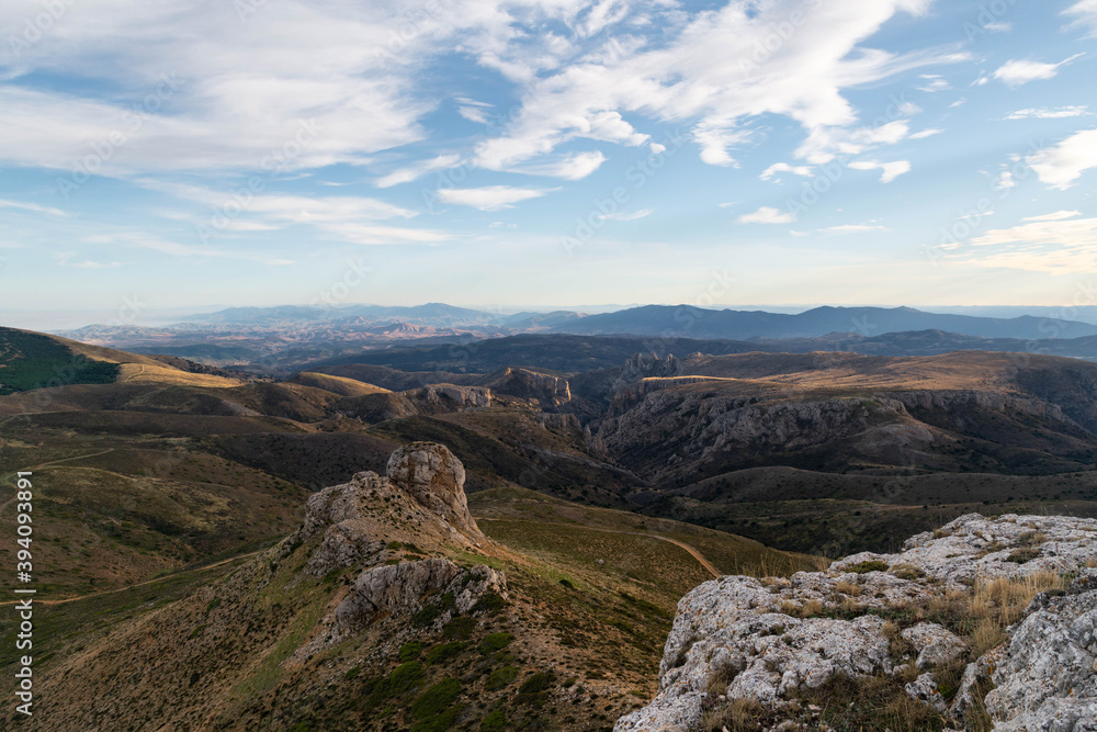 Views towards the province of Soria from the top of the Peñas de Herrera during sunset, in Aragon, Spain