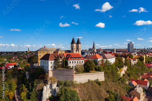 Veszprem city castle aera in aerial photo. Amazing city part with historical old houses, church and much more. The most beautiful part of this city. photo