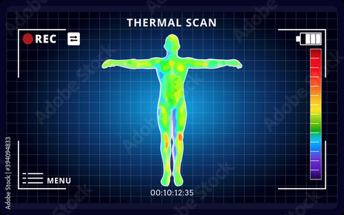 Vector graphic of Thermographic image of front of whole body of a man showing different temperatures with cooler light blue areas at edge regions. Human thermography and thermogram medical camera.