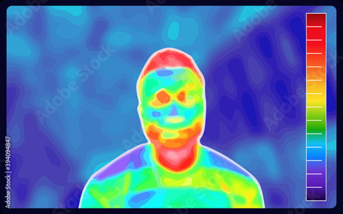 Vector graphic of Thermographic image of a man face showing different temperatures in a range of colors. Medical thermal imaging of human male face. infrared color. infrared color scale. vector EPS10. photo