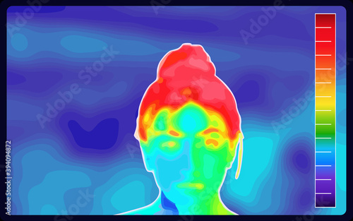 Vector graphic of Thermographic image of a woman face showing different temperatures in a range of colors from blue showing cold to red showing hot. Medical thermal imaging of human female face.