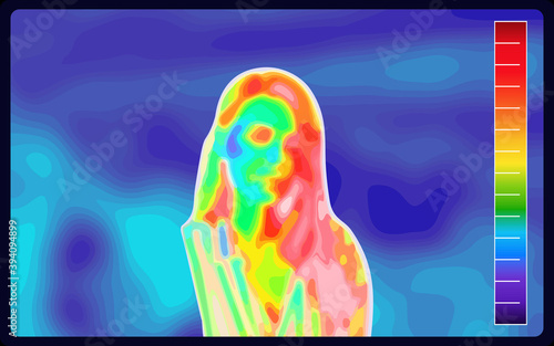 Vector graphic of Thermographic image of a woman face showing different temperatures in a range of colors from blue showing cold to red showing hot. Medical thermal imaging of human female face.