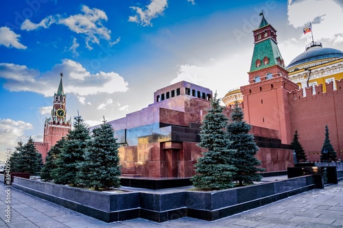 Red Square. Spaskaya Tower, mausoleum of V. Lenin, the Senate Tower at sunset of a sunny day in late autumn. Moscow, Russia. photo