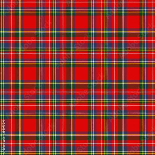 Classic style tartan with a red, green, blue and yellow woven plaid textured effect