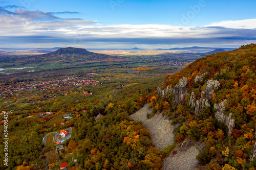 Saint Gerorge Hill in Hungary badacsony region. Amazing vulcanic mountain where giant basalt columns  located. Beautiful autumn colorful photo. Perfedct place for hiking or tripping photo