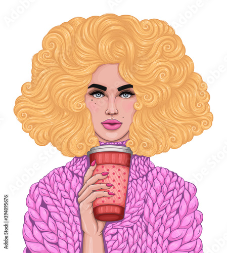 Vector colorful portrait woman with lush curly hairstyle. Yellow wavy hair.  Blonde model in a pink knitted sweater hold a travel thermo mug for take away hot drink coffee or tea. Christmas holidays 
