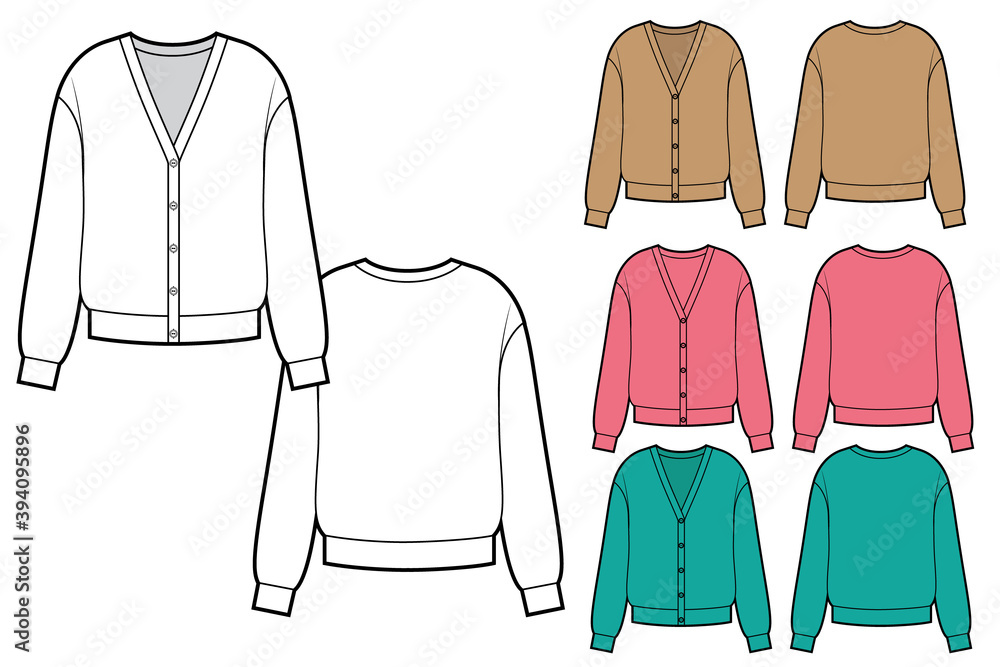Fashion technical sketch of set woman knit cardigan in vector graphic