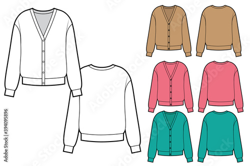 Fashion technical sketch of set woman knit cardigan in vector graphic.