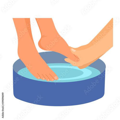 Soaking feet in bowl filled with water in flat design. Foot bath cleaning skin care for relaxation. Spa manicure step at home or beauty salon.