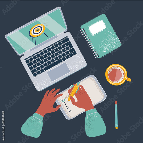 Vector illustration notepad with goal near coffee cup on office table on dark backround.