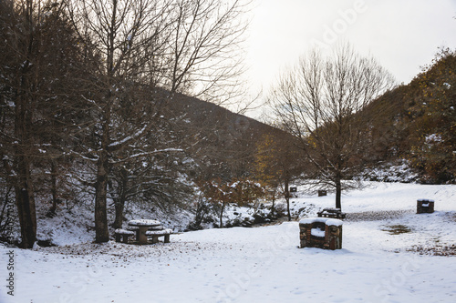 Snowy picnic area in the middle of the mountain surrounded by trees