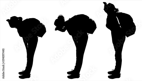 Girl with the big backpack on back. Woman tourist sat down and looks down, forward, away. Ornithologist. Side view, profile. Three black female silhouettes are isolated on a white background.