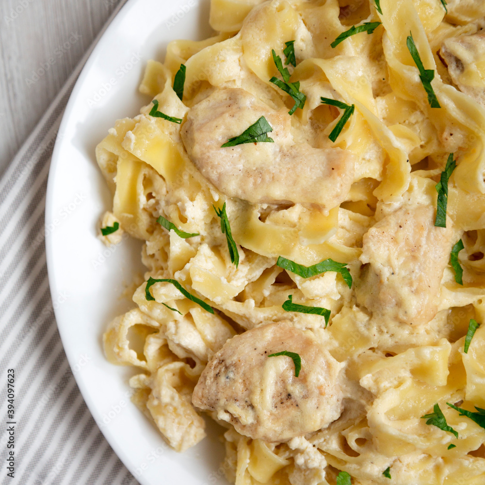 Homemade Chicken Fettuccine Alfredo in a plate on a white wooden table, top view. Flat lay, overhead, from above. Close-up. Homemade Chicken Fettuccine Alfredo in a plate on a white wooden table, top view. Flat lay, overhead, from above. Close-up.