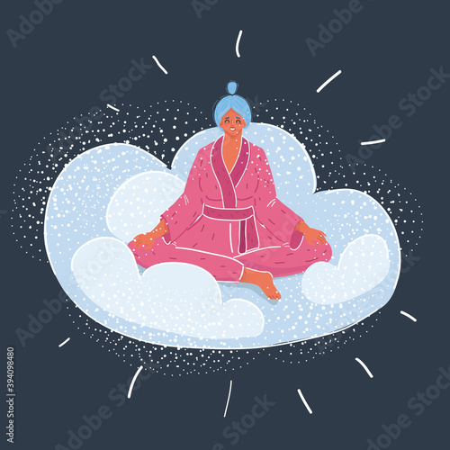Vector illustration of beautiful young woman sitting on clouds on dark bakcround.